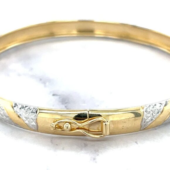Women Solid 10K Yellow Gold 7" Textured Snake Bangle Two-Tone Bracelet Minimalis - Picture 8 of 9